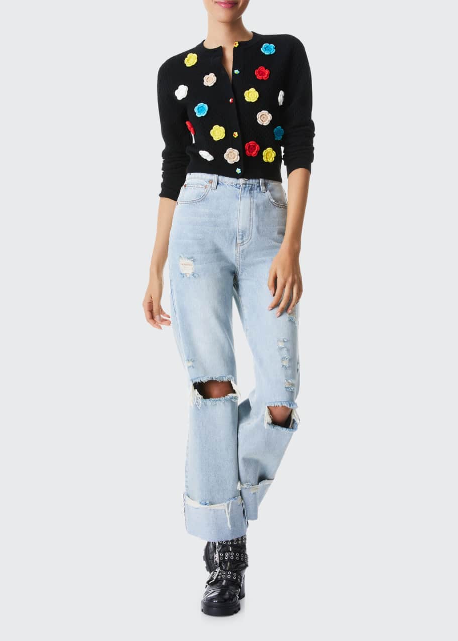 Alice + Olivia Selma Pointelle Cardigan w/ Crochet Flowers