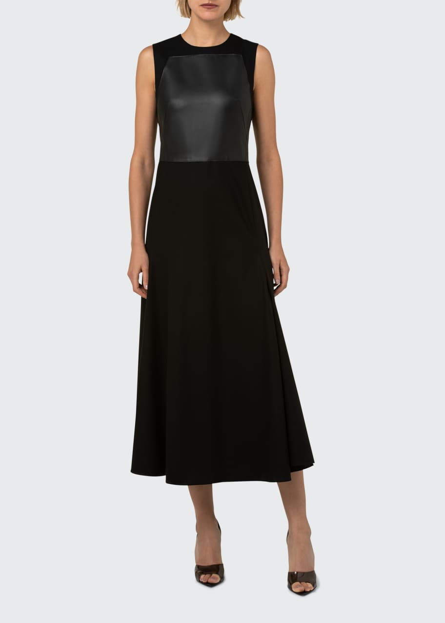 Leather Trapezoid Bodice Flared Midi Dress