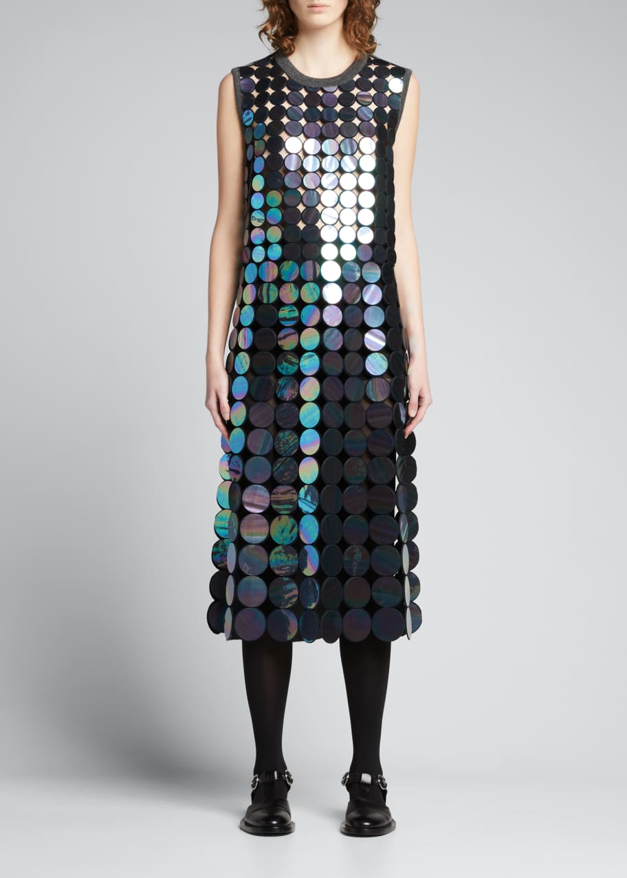 knee length dresses for ladies Sheer Mesh Iridescent Midi Dress with Asymmetric Cut-Out – Amanda Jean NYC main image 1