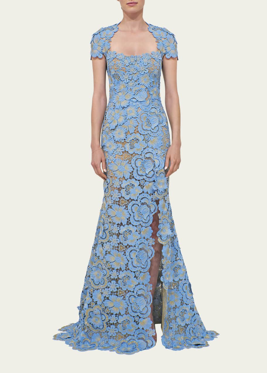Reem Acra Floral Lace Short-Sleeve Trumpet Gown w/ Back Cutout ...