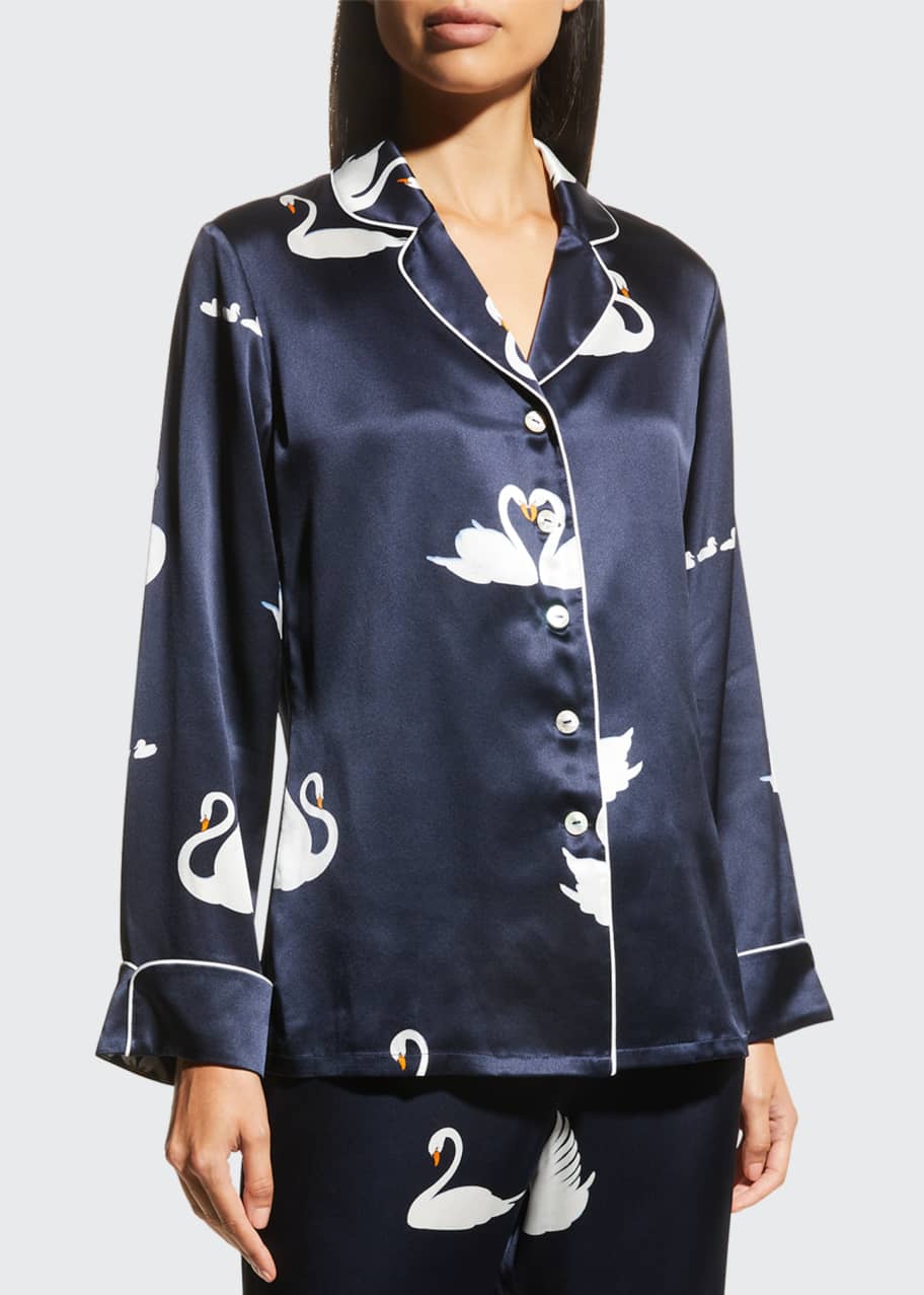 Olivia von Halle Lila Swan Print Poet Silk Pajama Set Bergdorf Goodman