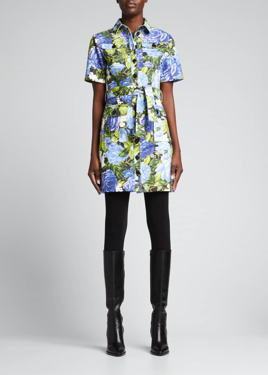 Richard Quinn Roxy Floral-Print Denim Belted Mini Dress - Bergdorf Goodman