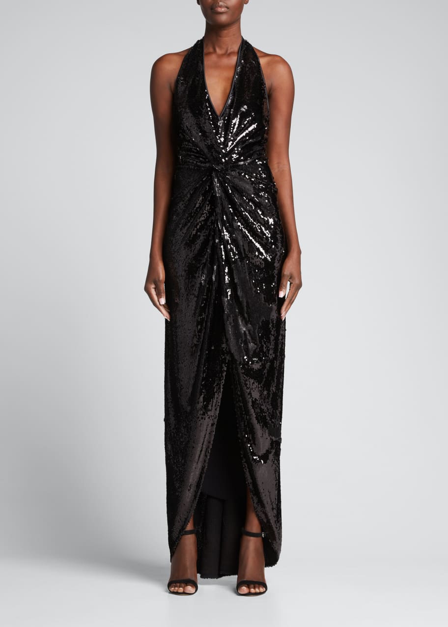 Chiara Boni La Petite Robe Sequin Knot-Front V-Neck Halter Gown - Bergdorf  Goodman
