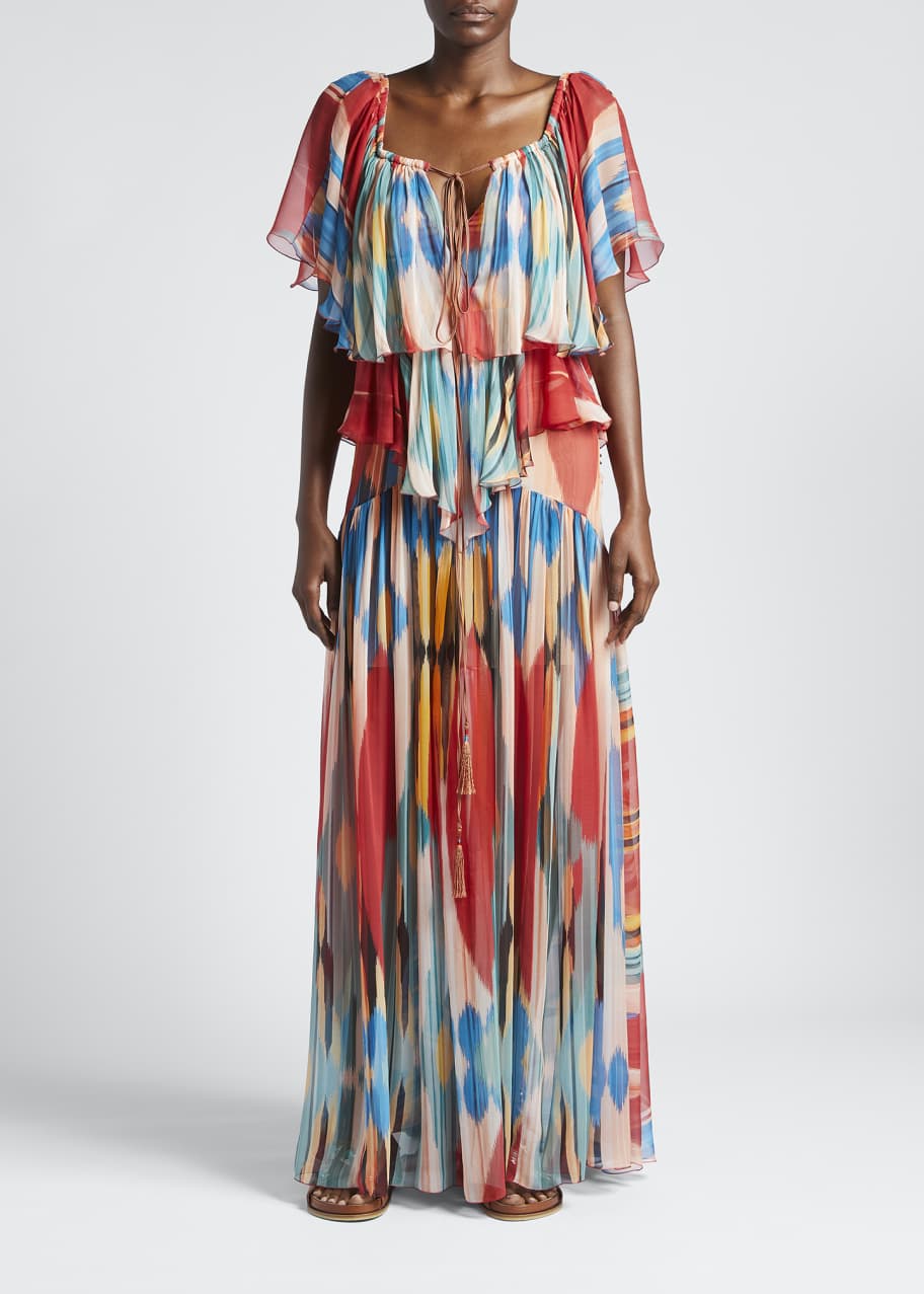 sachin and babi light blue dress Etro Ikat Abstract-Print Ruffle Silk Chiffon Gown