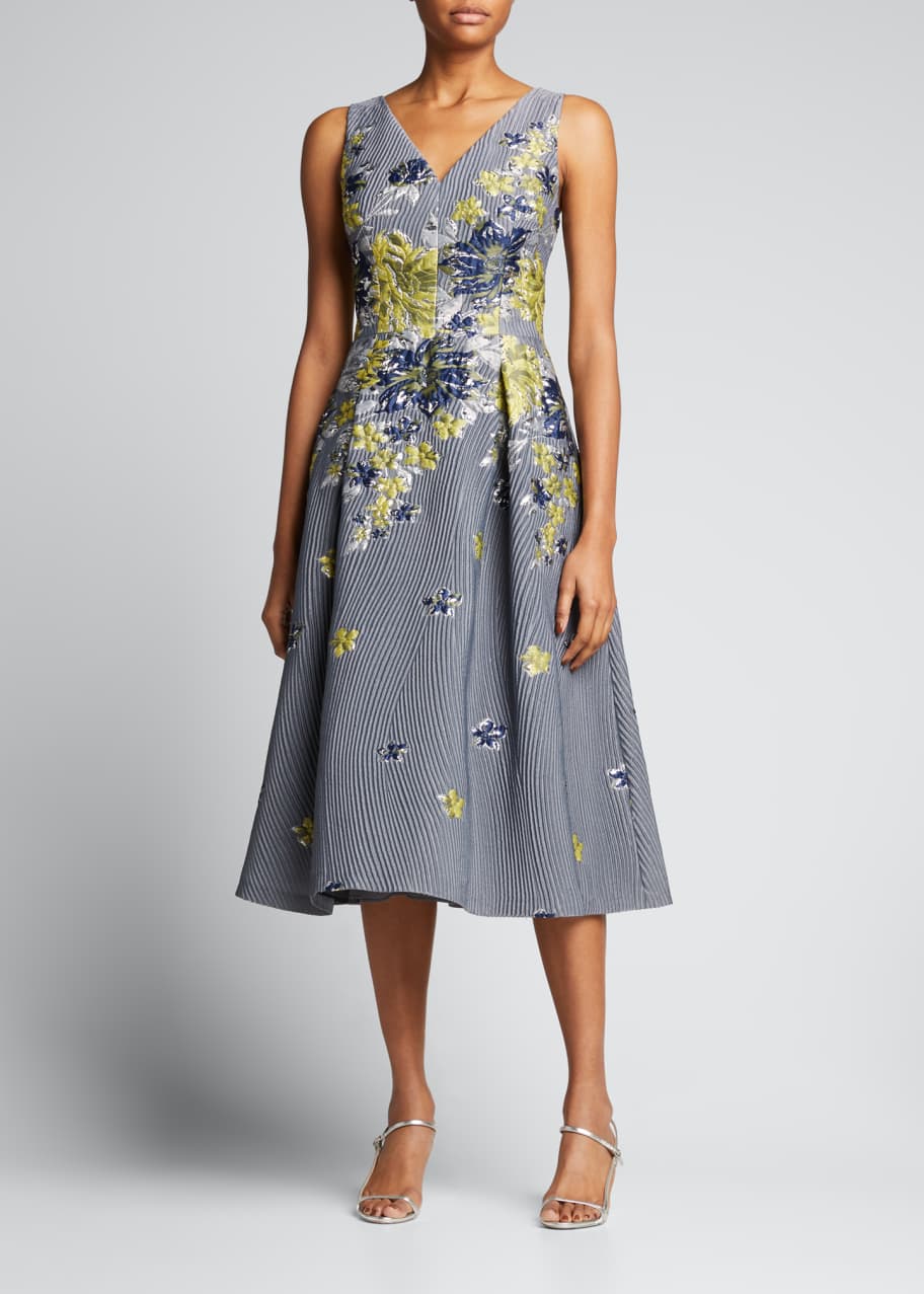Rickie Freeman for Teri Jon Ribbed Floral Jacquard Tea-Length Dress -  Bergdorf Goodman