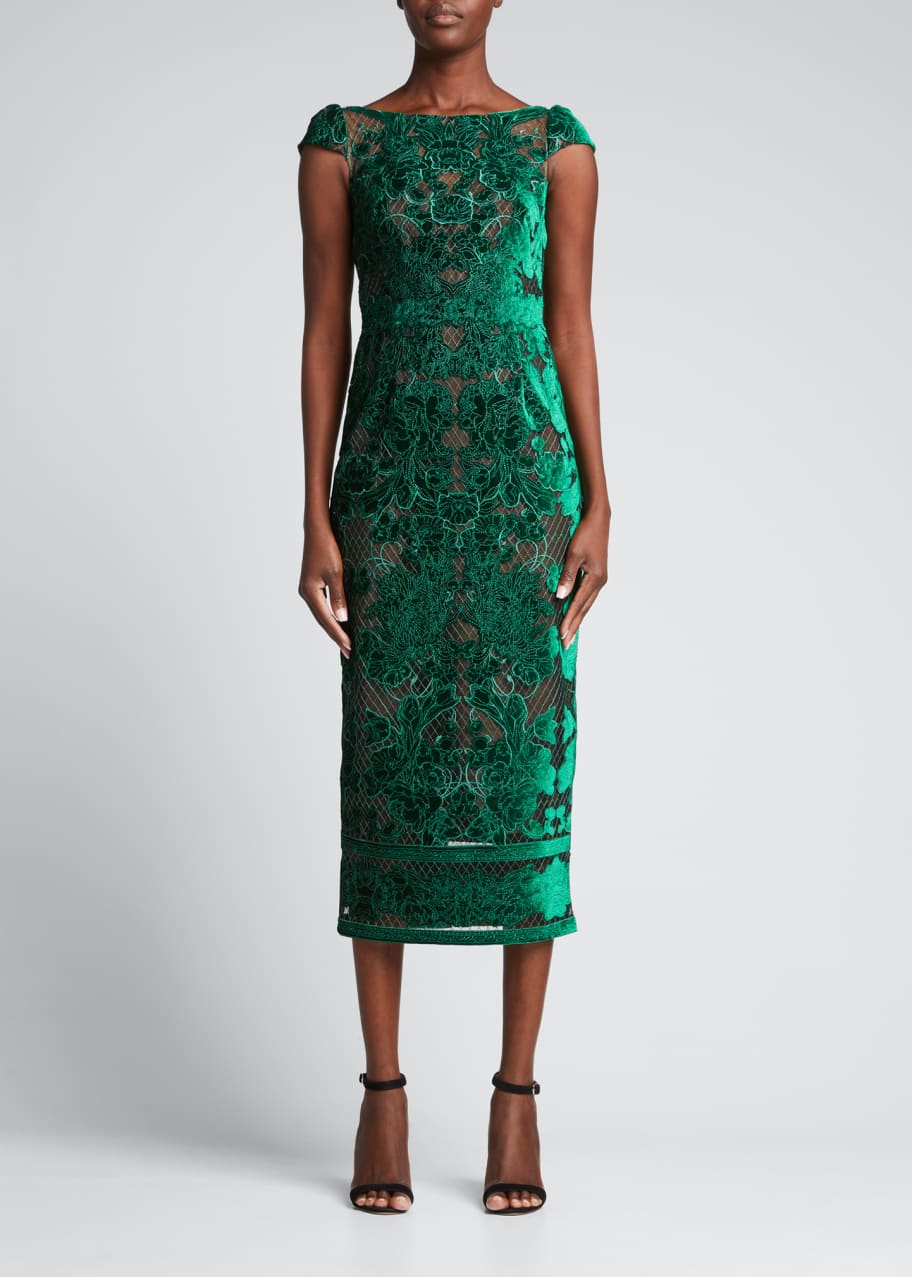 Marchesa Notte Cap-Sleeve Velvet Cutwork Dress - Bergdorf Goodman