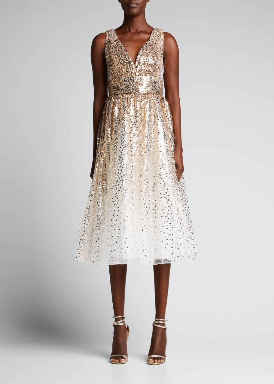 Marchesa Notte V-Neck Sequin Degrade Tea-Length Gown - Bergdorf Goodman