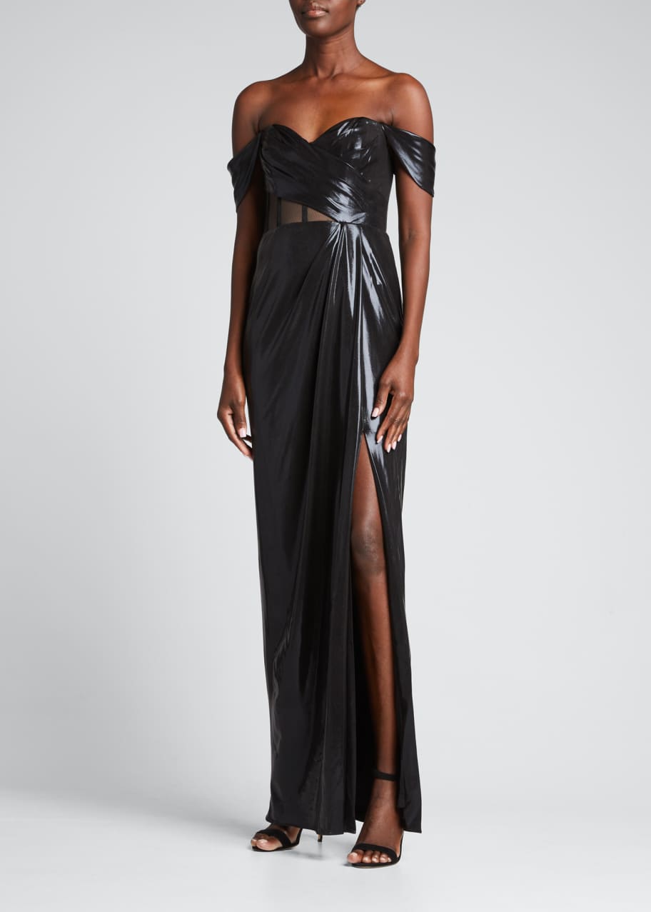 Off Shoulder Lame Gown w Corset Bodice