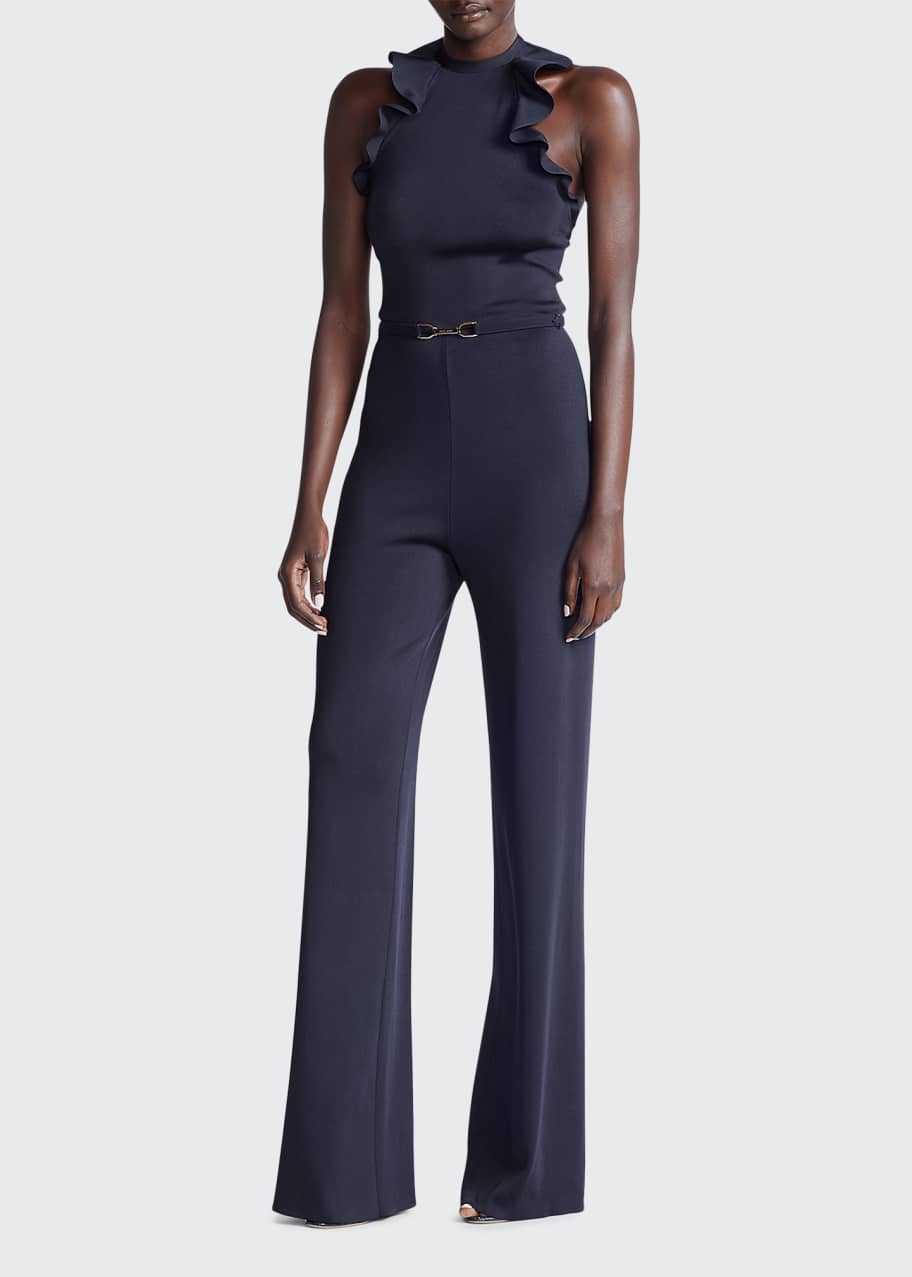 Halter Ruffle Trim Belted Sweater Jumpsuit