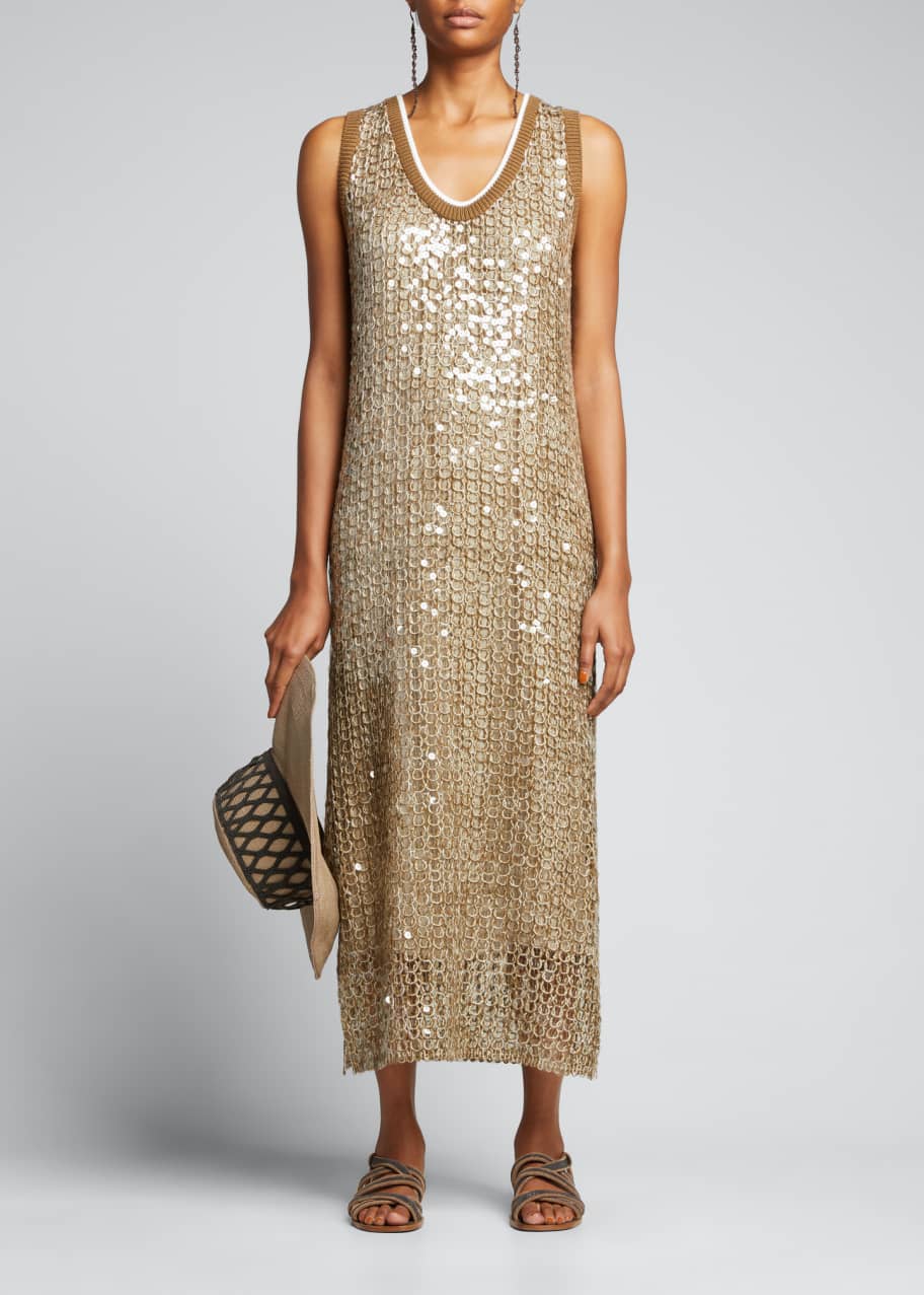 Brunello Cucinelli Fish Scale Sequined Jute Midi Dress - Bergdorf Goodman