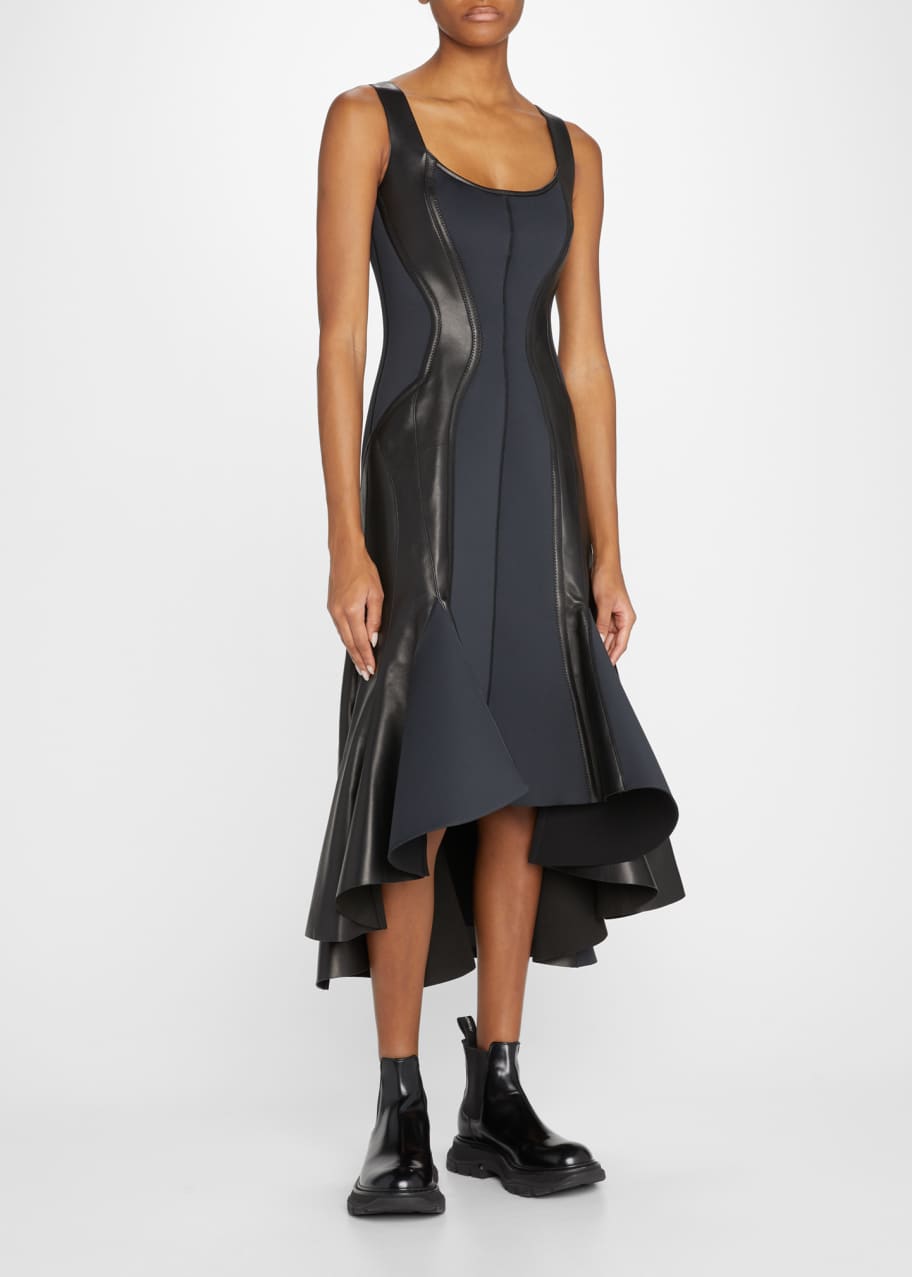 Alexander McQueen MixedMedia Leather HighLow Midi Dress Bergdorf