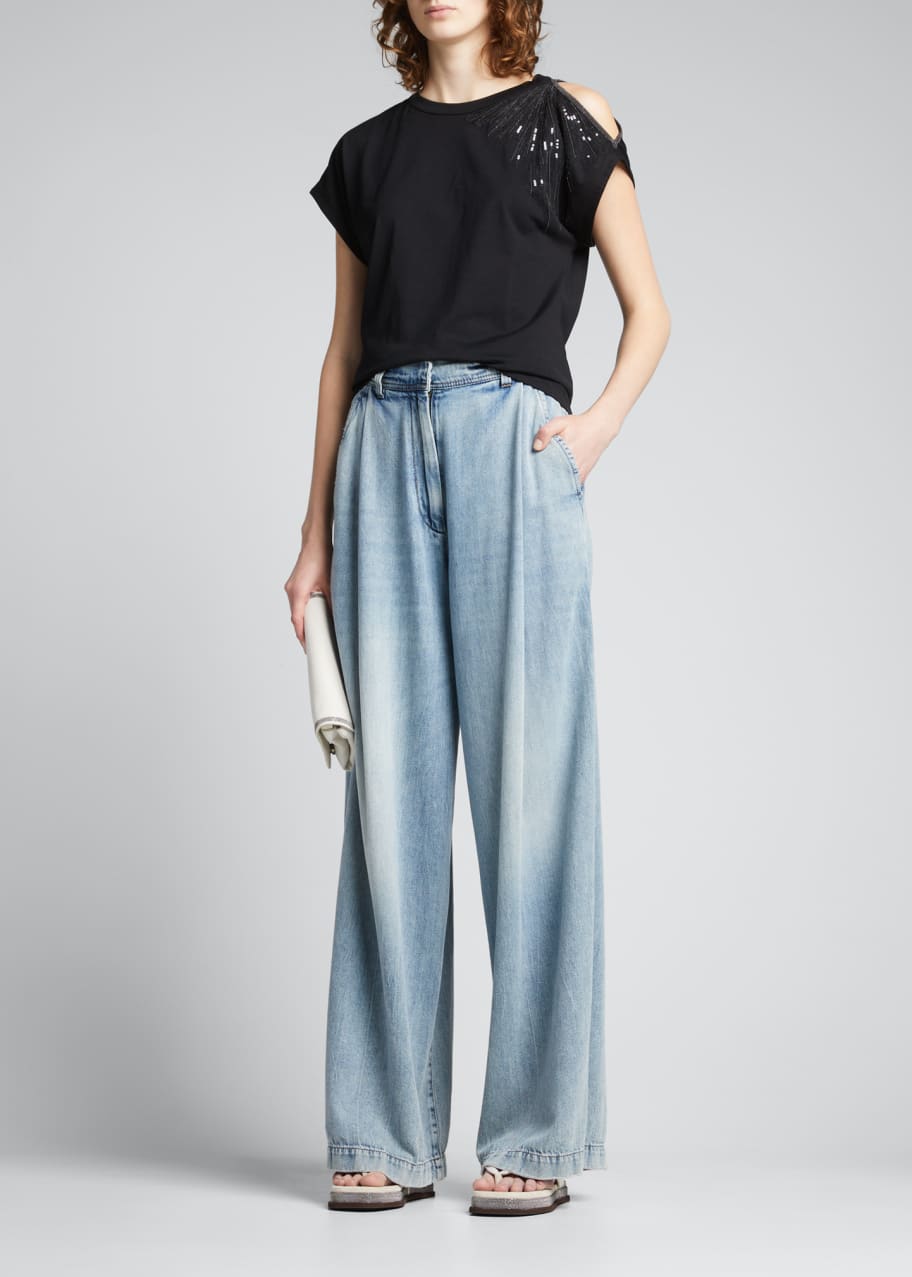 Brunello Cucinelli High-Rise Pleated Wide-Leg Denim Jeans