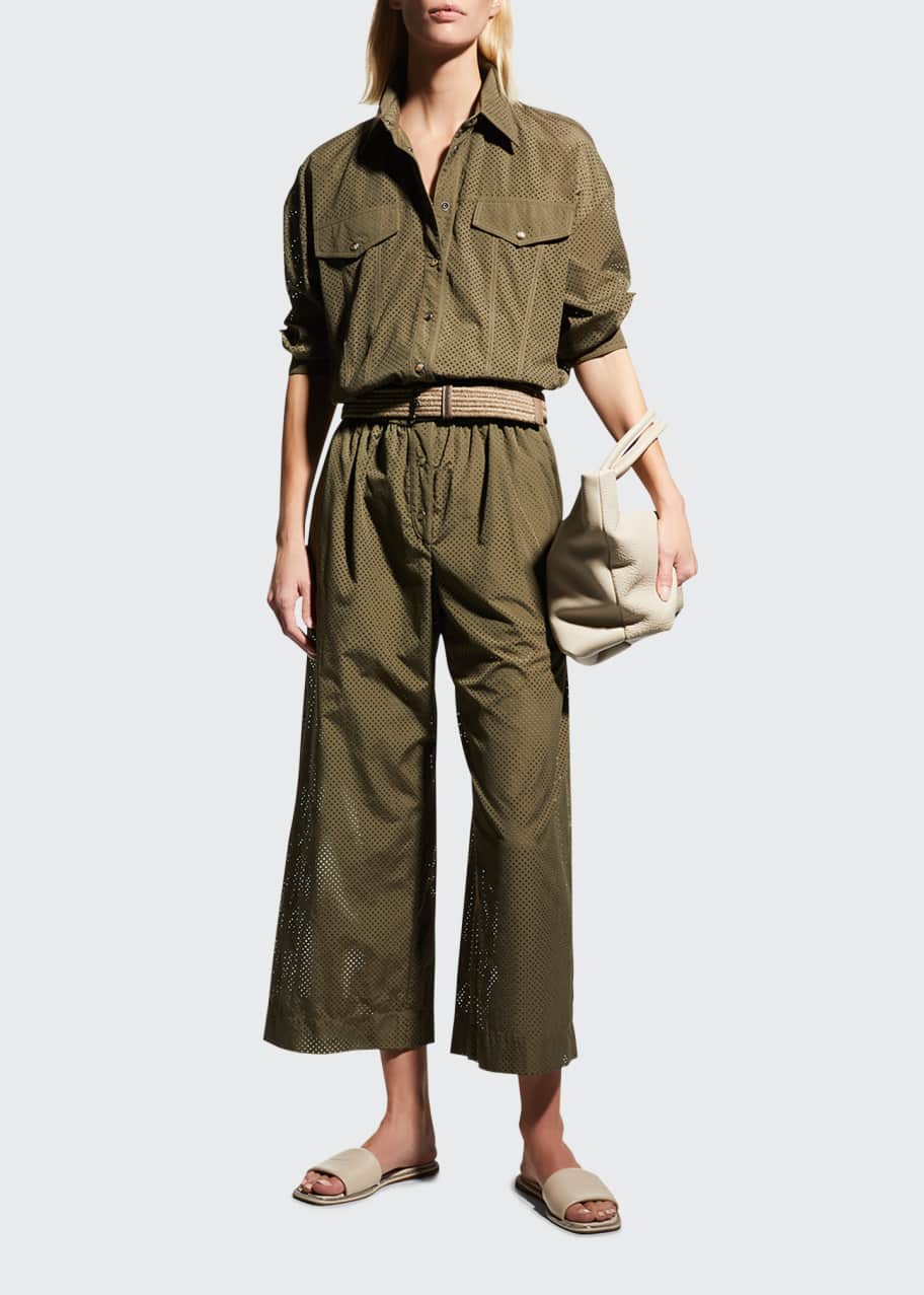 Brunello Cucinelli Perforated Cotton Utility Jumpsuit w/ Monili Trim