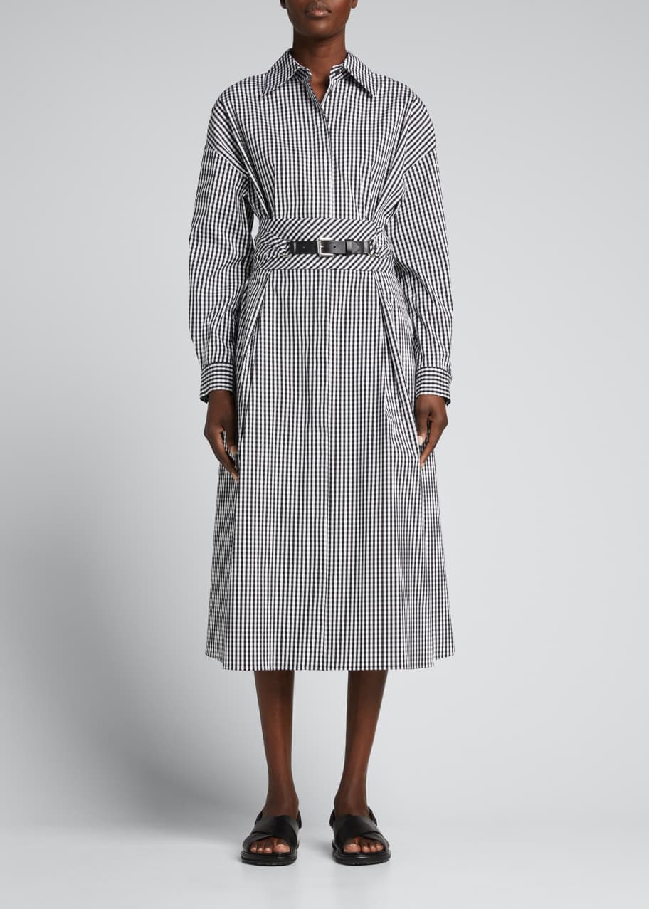 Gingham Wrap Belt Long Sleeve Midi Dress