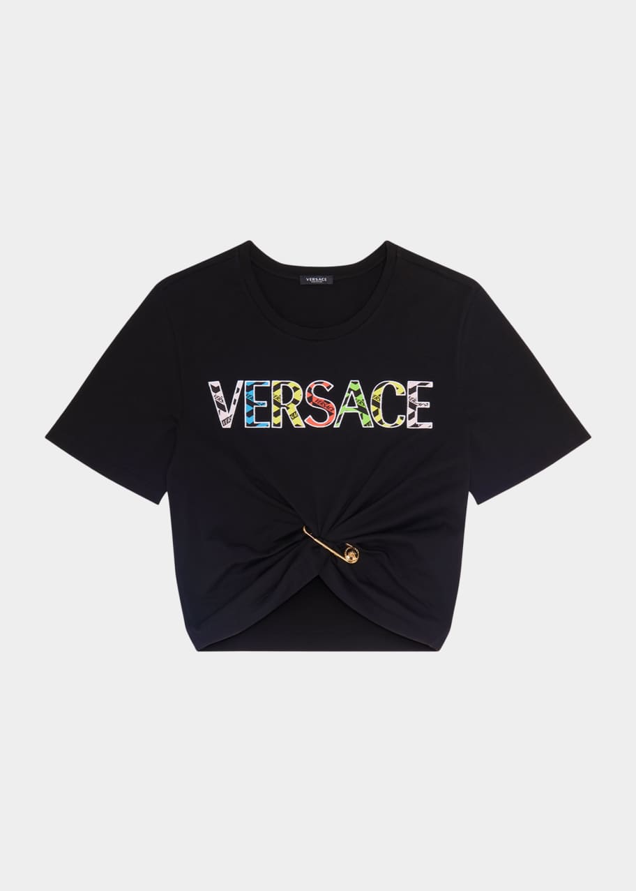 Versace Greca Logo-Print Safety Pin Crop T-Shirt - Bergdorf Goodman