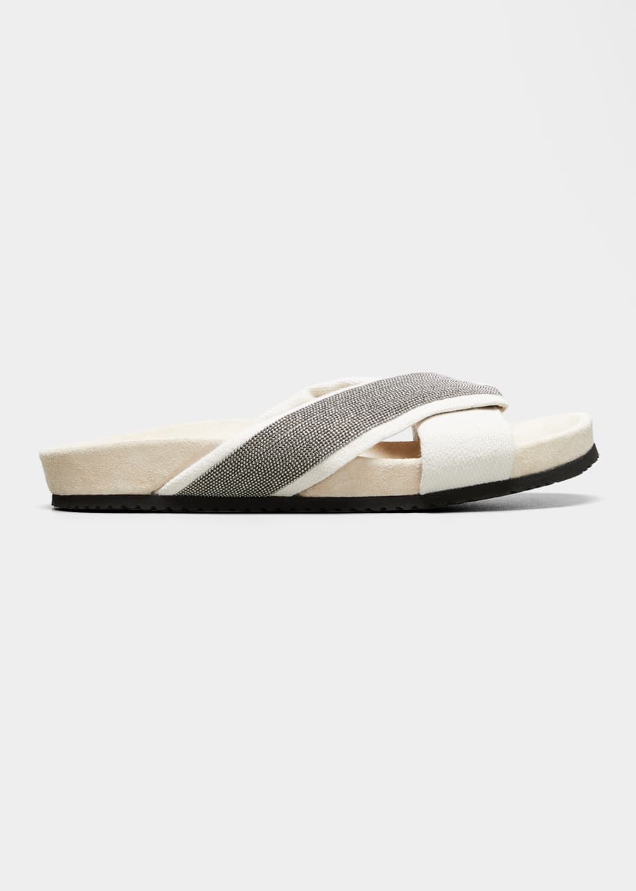 Brunello Cucinelli Monili Crisscross Canvas Slide Sandals