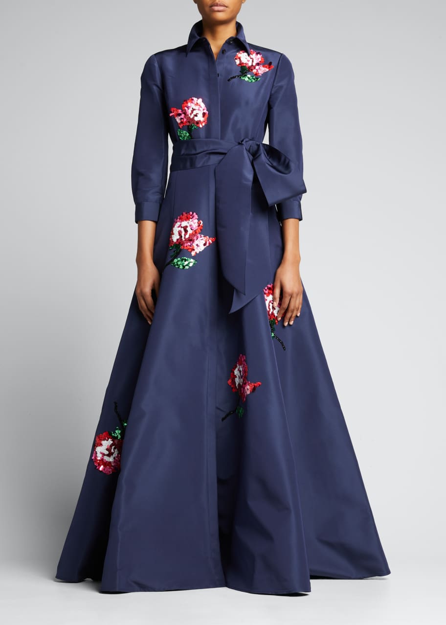 Carolina Herrera Floral Sequin-Embellished Trench Gown w/ Waist Tie ...