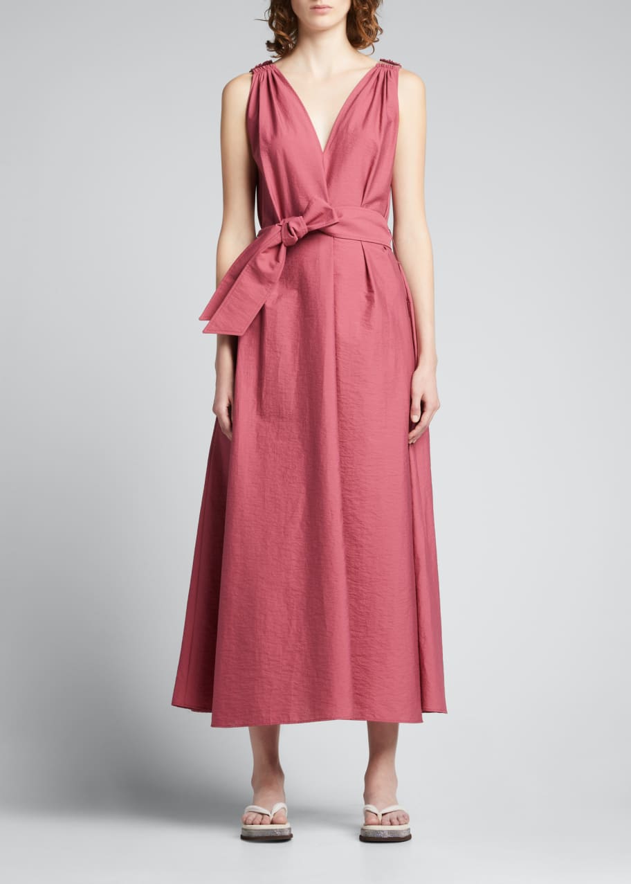 Brunello Cucinelli Crinkle Cotton Tie-Waist Maxi Dress w/ Monili Shoulder -  Bergdorf Goodman
