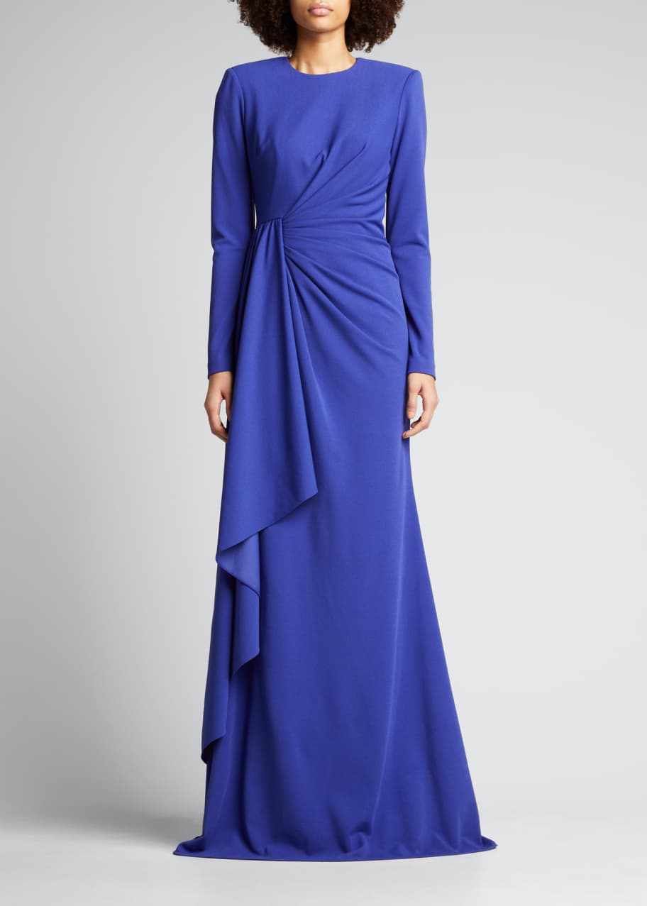 Badgley Mischka Collection Long-Sleeve Side-Draped Crepe Gown ...