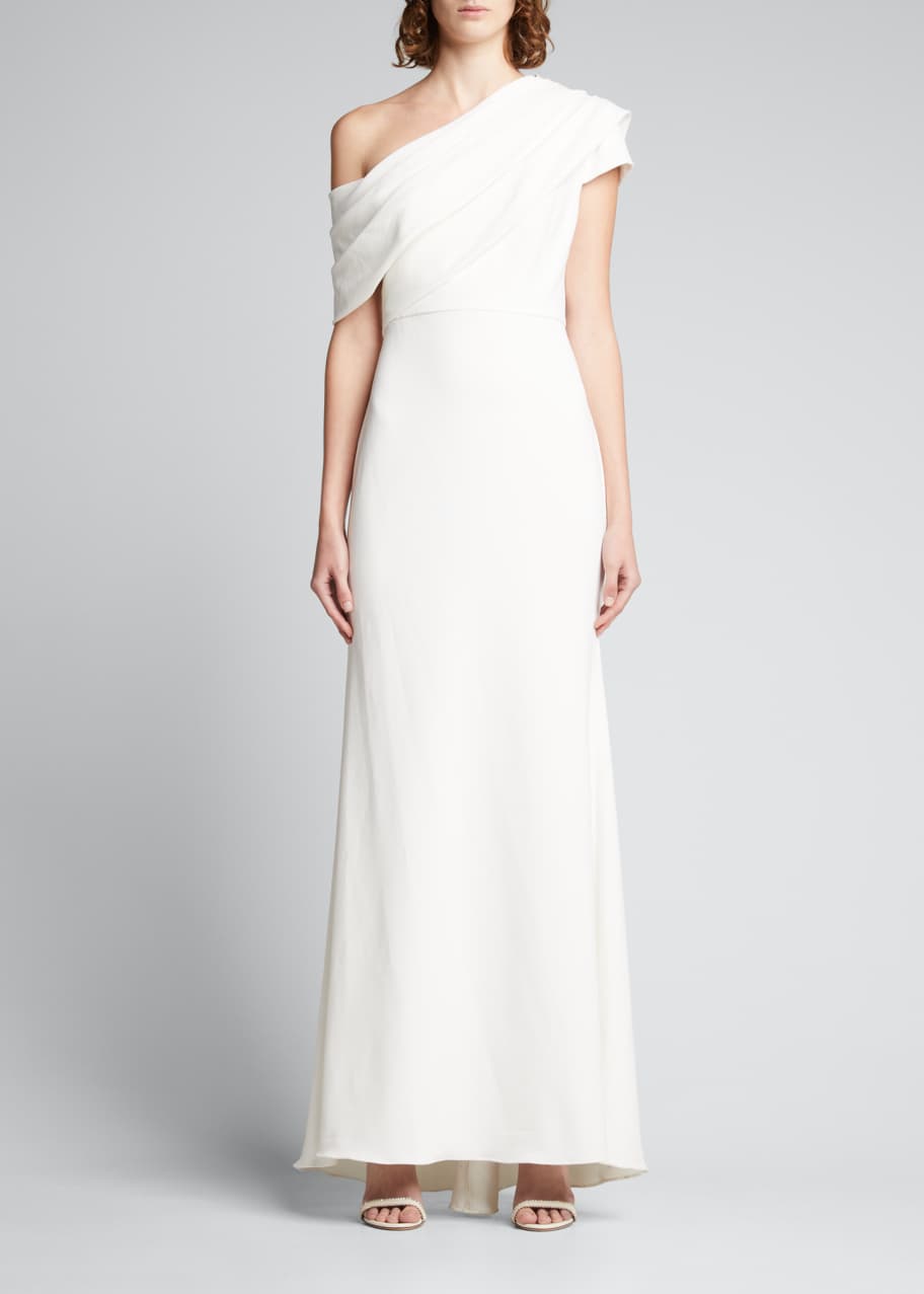 Badgley Mischka Collection Asymmetric Off-Shoulder Crepe Gown ...