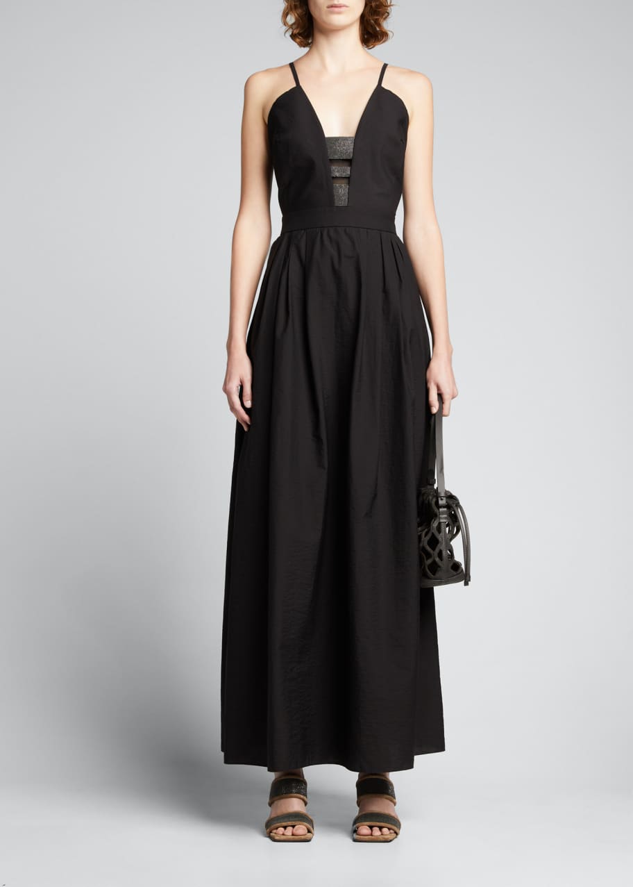 Brunello Cucinelli Open-Back Poplin Evening Dress w/ Monili Inset ...