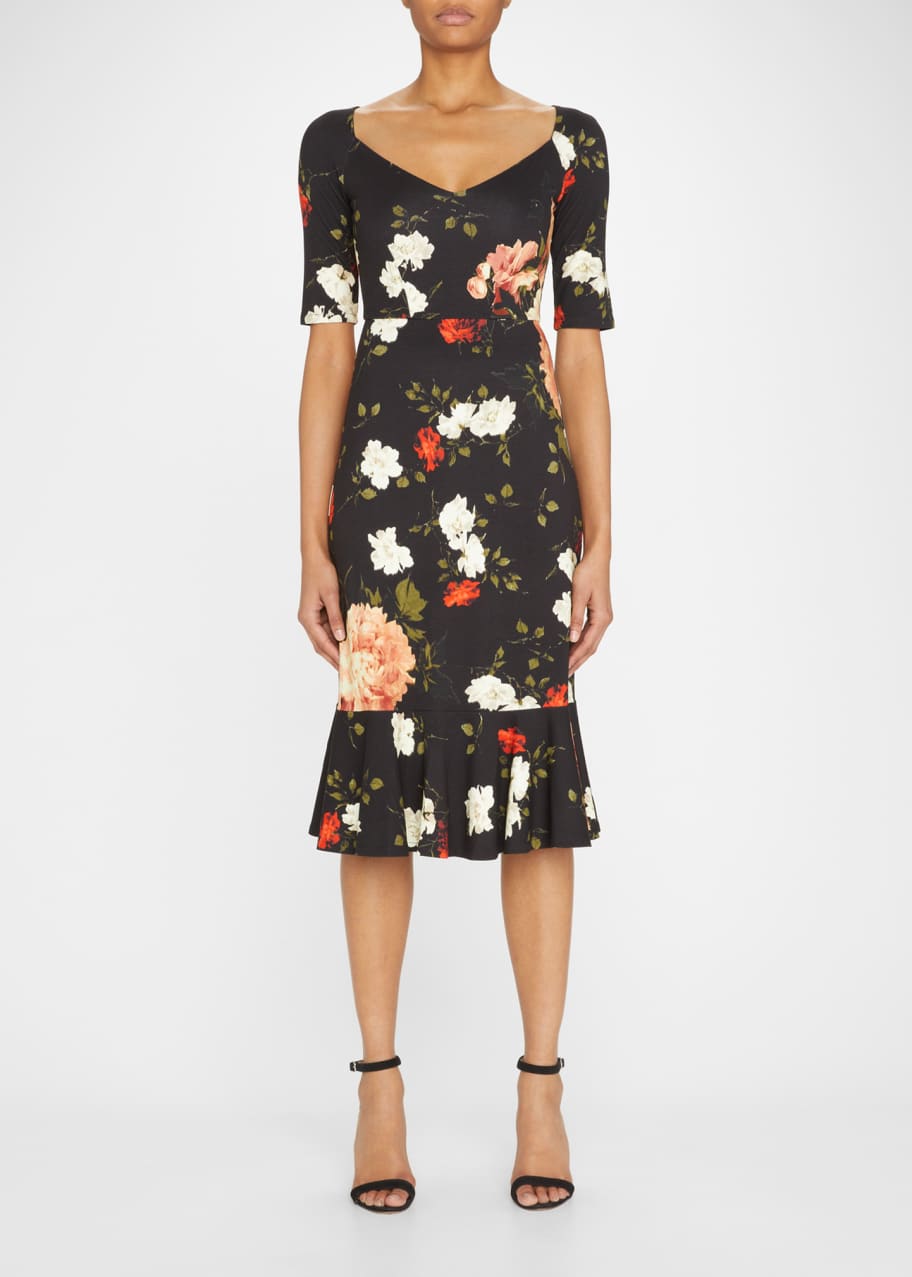 knee length dresses for ladies Josie Floral Jacquard Midi Dress with Ruffle Hem by Jewel Badgley Mishcka –  Badgley Mischka main image 0