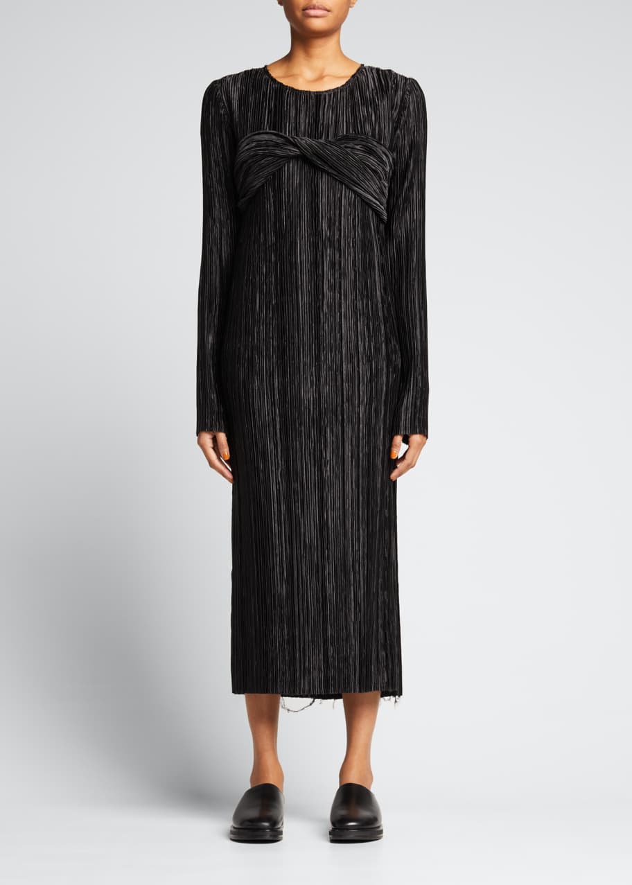 Marina Moscone Plisse Sheath Midi Dress w/ Twist Detail - Bergdorf Goodman