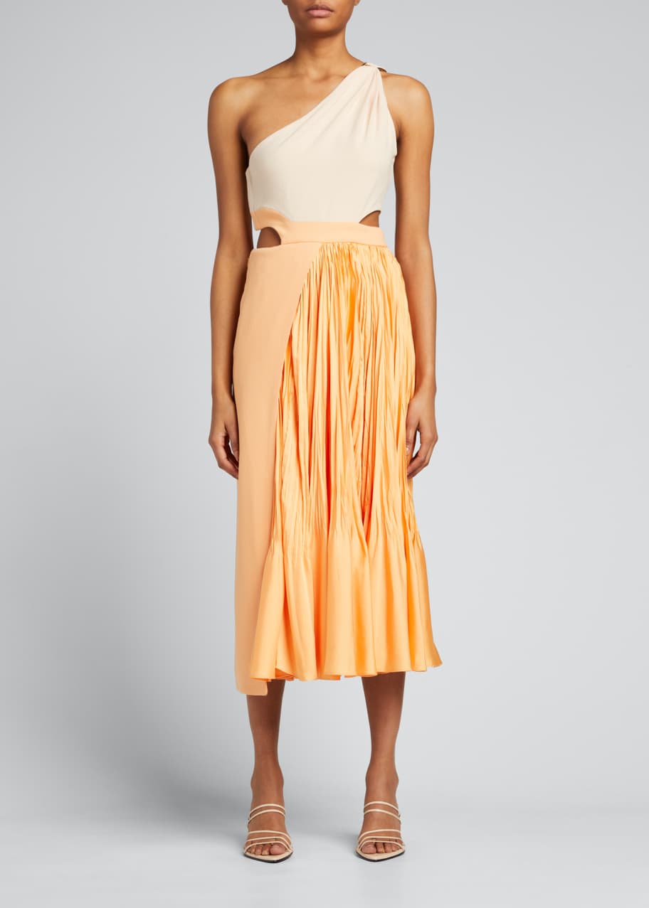simkhai orange sequin dress mesh midi dress SIMKHAI Women's Fia Mesh Midi Dress in Golden Hour Sunset,  Size XS