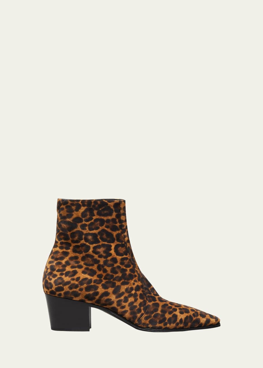 Saint Laurent Men's Vassili Leopard-Print Zipped Leather Boots