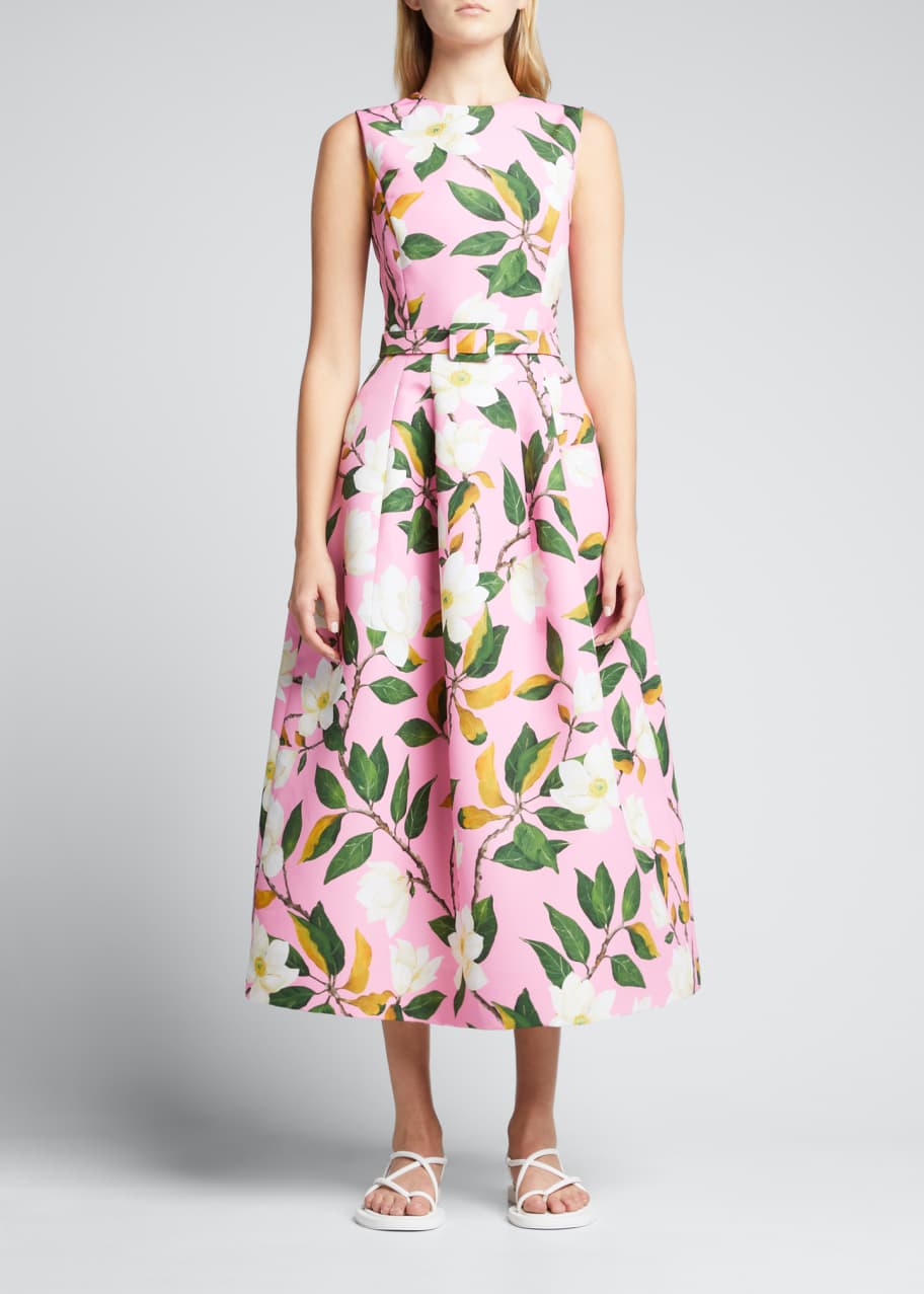 Oscar de la Renta Magnolia Flower-Print Belted Midi Dress - Bergdorf Goodman
