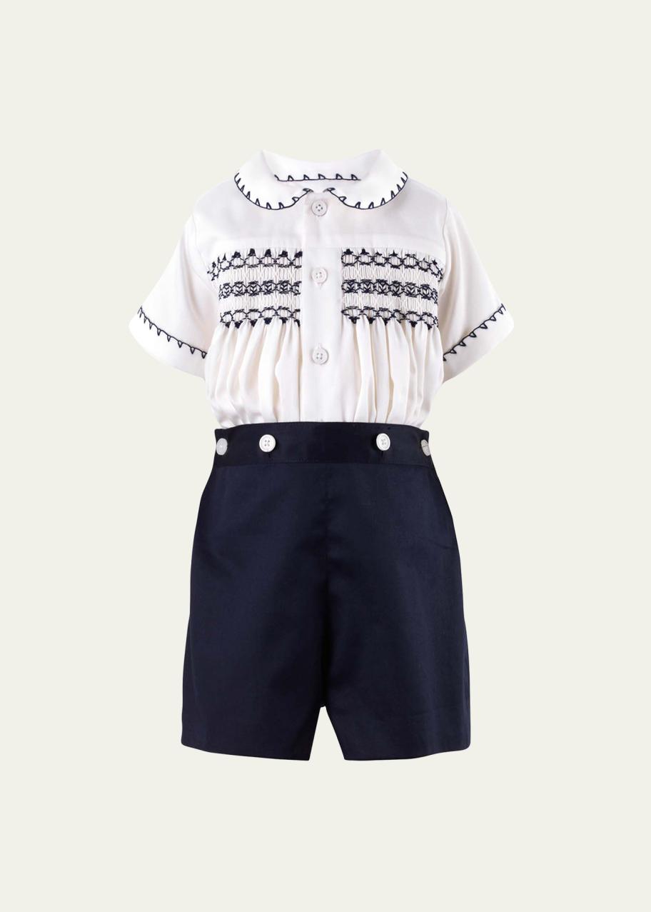 Rachel Riley Boy's Hand-Smocked Collared Shirt w/ Shorts, Size 3M-4T ...