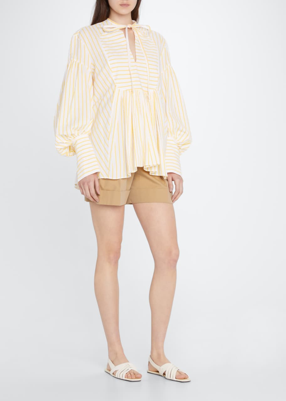 Image 1 of 1: Swashbuckler Puff-Sleeve Bib-Front Seersucker Top