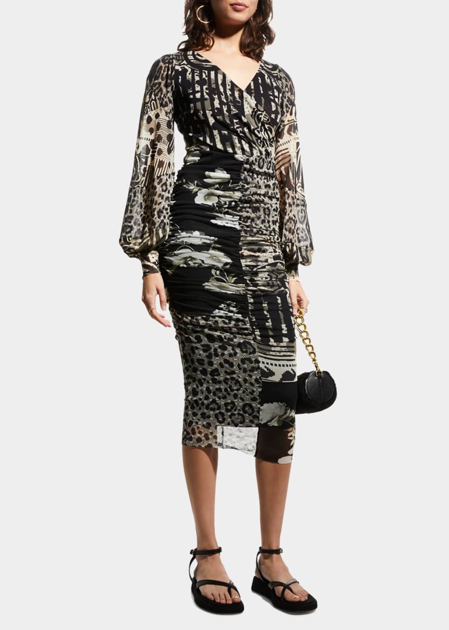 Fuzzi Mixed-Print Blouson-Sleeve Dress - Bergdorf Goodman
