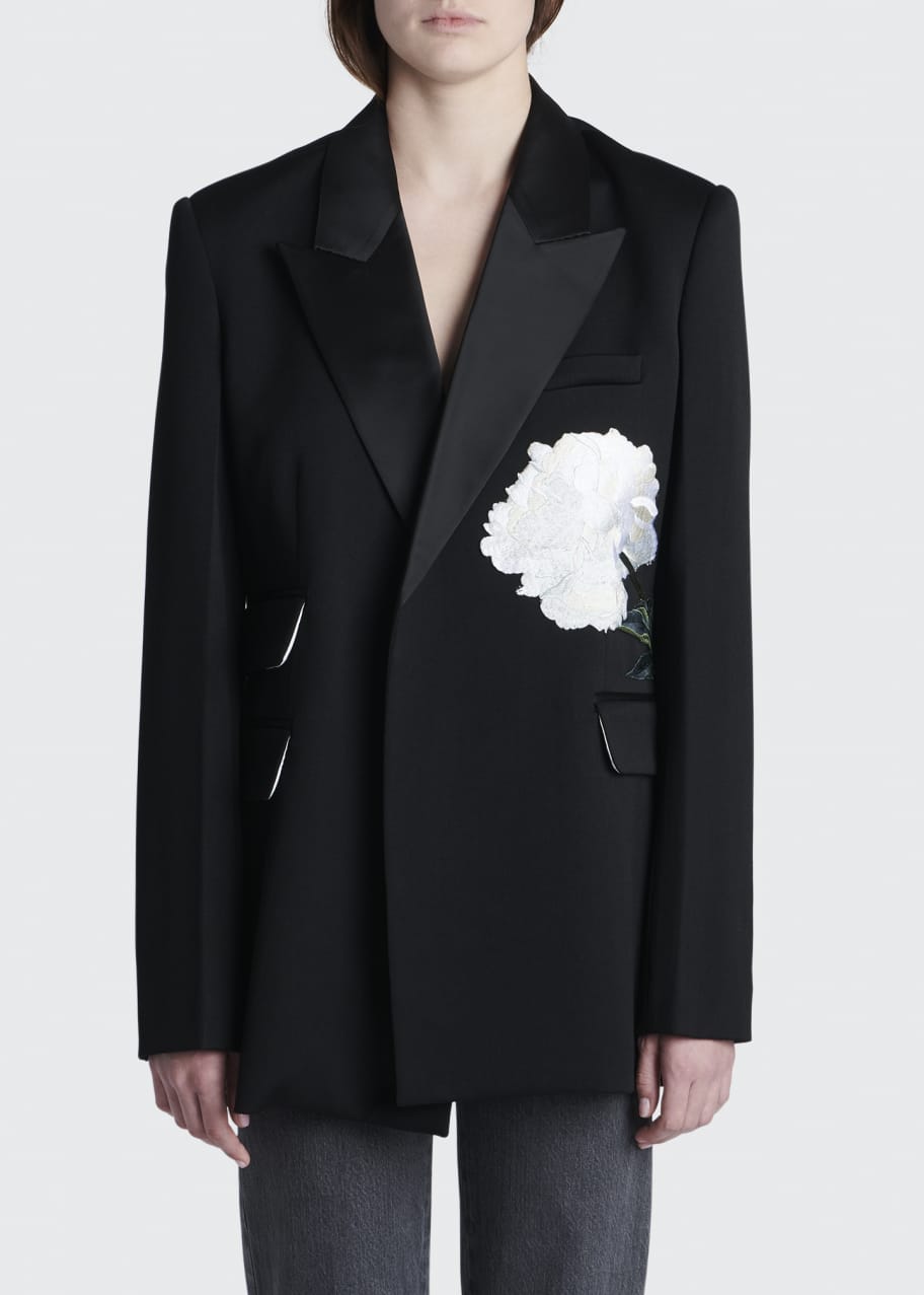 Floral-Embroidered Oversized Tuxedo Blazer