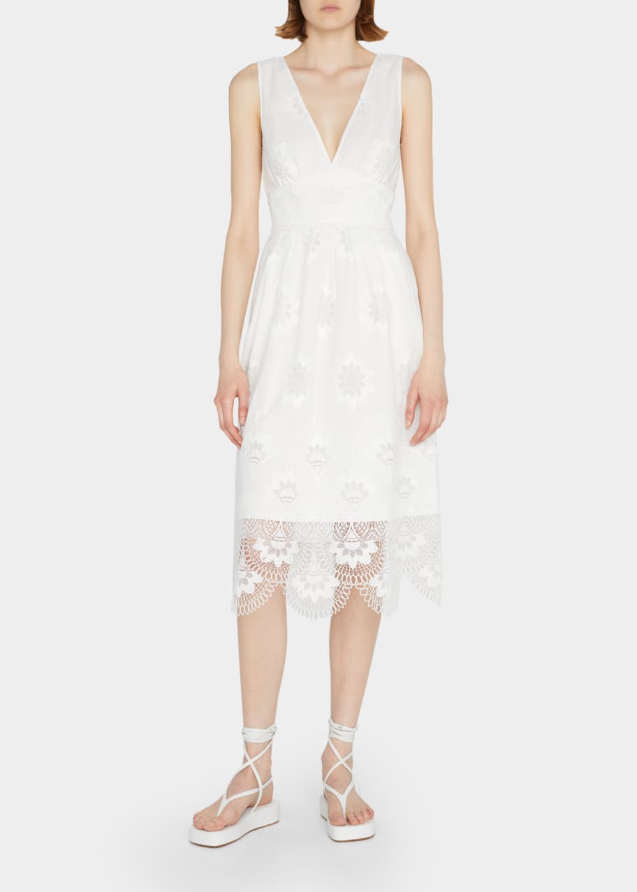 green emerald velvet dress Fleur floral-embroidered lace midi dress in Neutrals main image 1