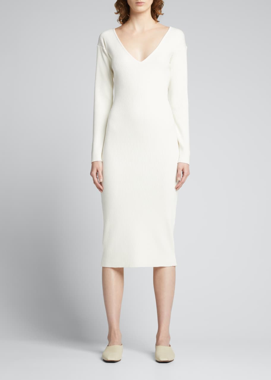 V Neck Long Sleeve Ribbed Dress