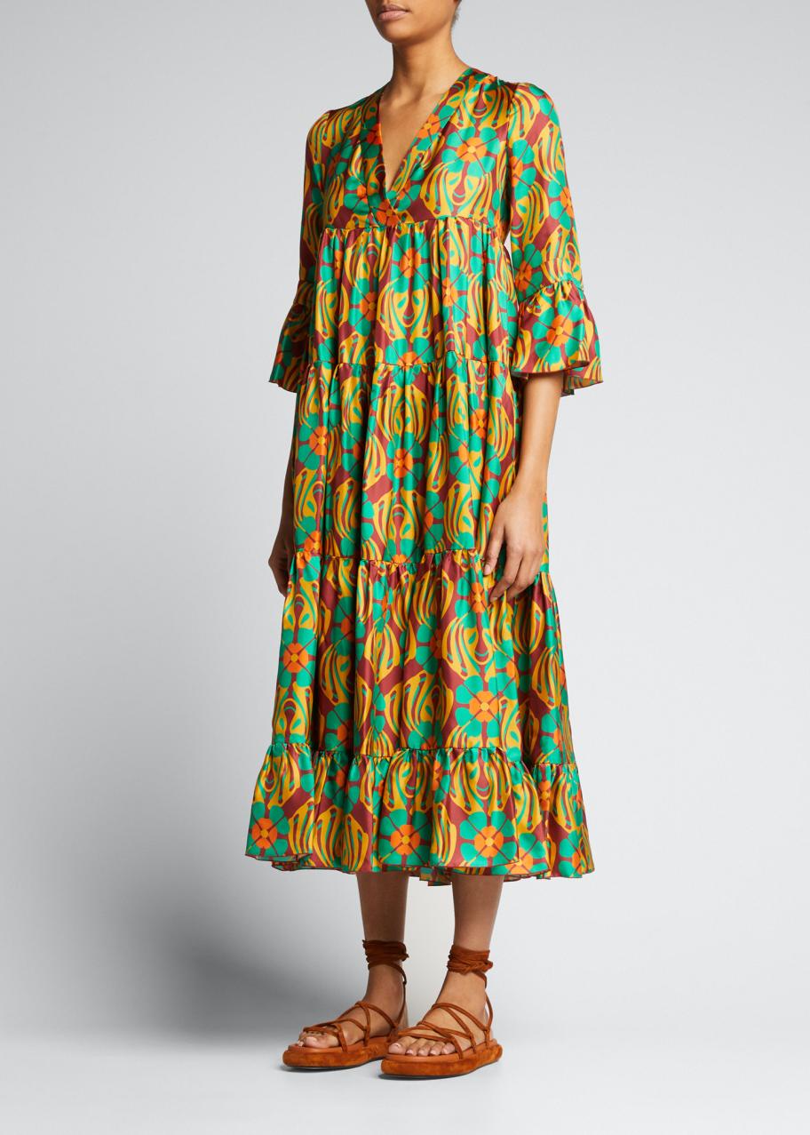 La DoubleJ Jennifer Jane Clover-Print Tiered Silk Twill Midi Dress ...