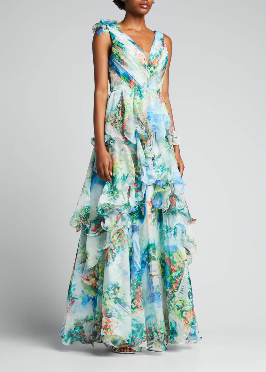 marchesa notte green floral dress Marchesa Notte Strapless Printed Mikado Ball Gown