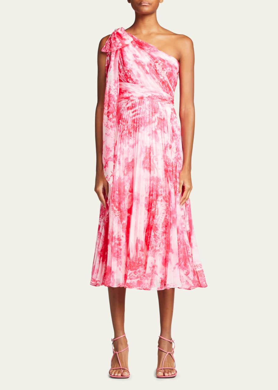 Marchesa Notte One-Shoulder Pleated Chiffon Midi Dress - Bergdorf Goodman