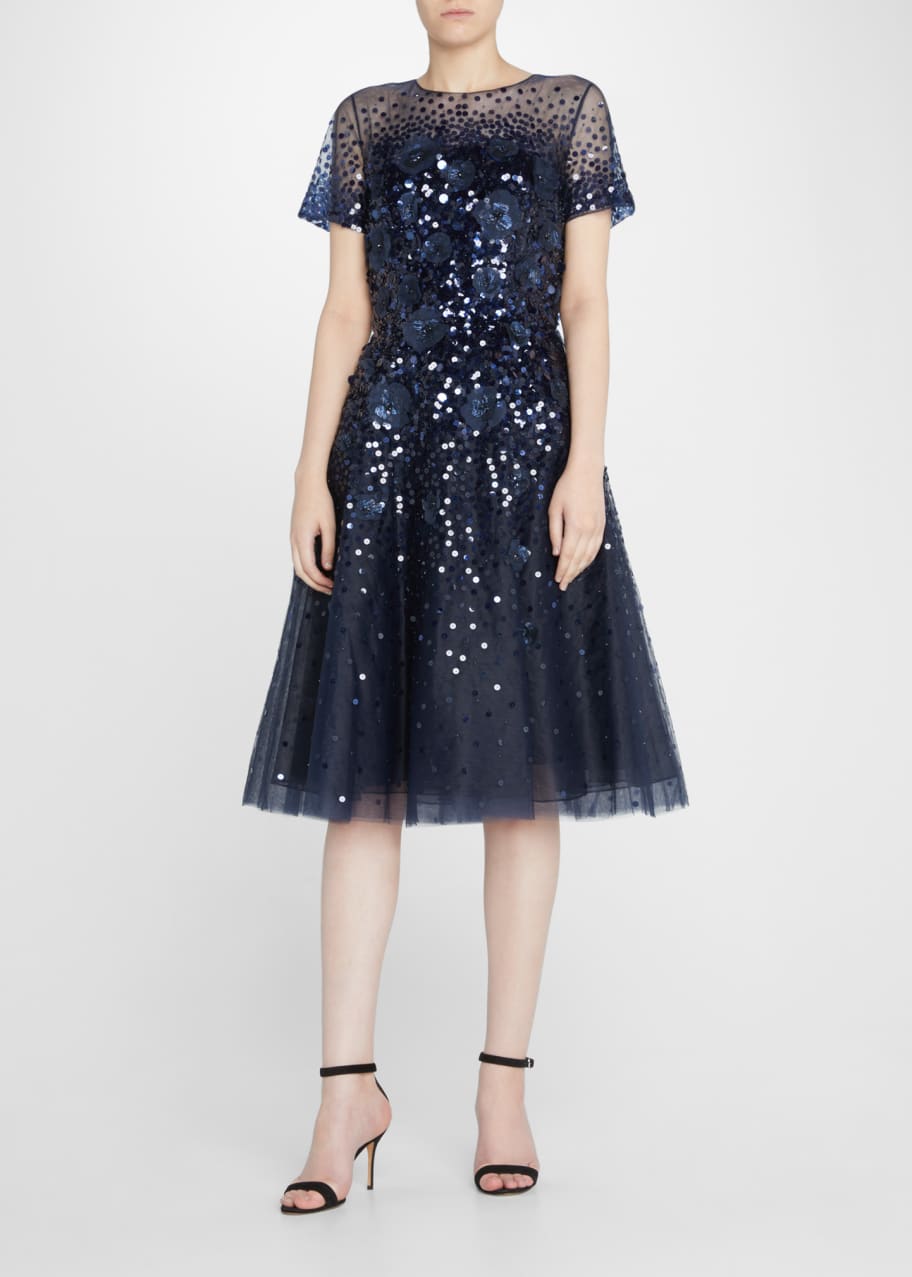 Carolina Herrera Sequin Floral Applique Illusion Dress - Bergdorf Goodman
