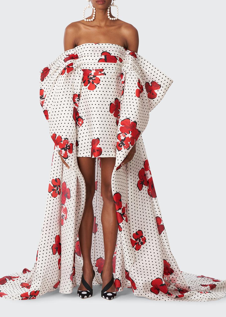 carolina herrera brown polka dot dress Floral-Print Ruffle Off-The-Shoulder Gown Product Size:M its traced with decorative Venya Satin Off-Shoulder Draped Mini
