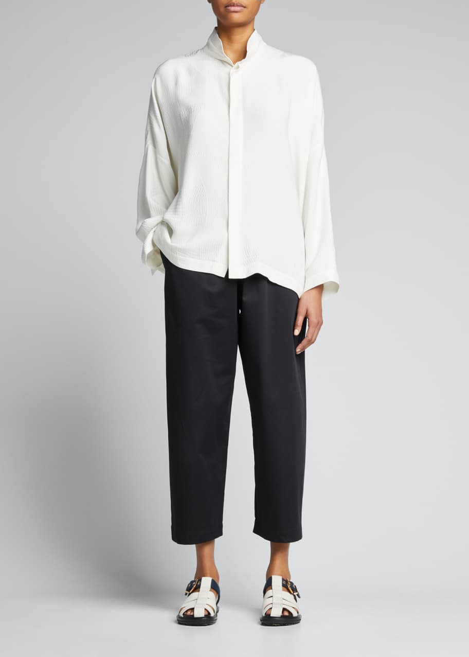 Wide Longer-Back Silk Jacquard Shirt with Double Stand Collar (Mid Plus  Length)