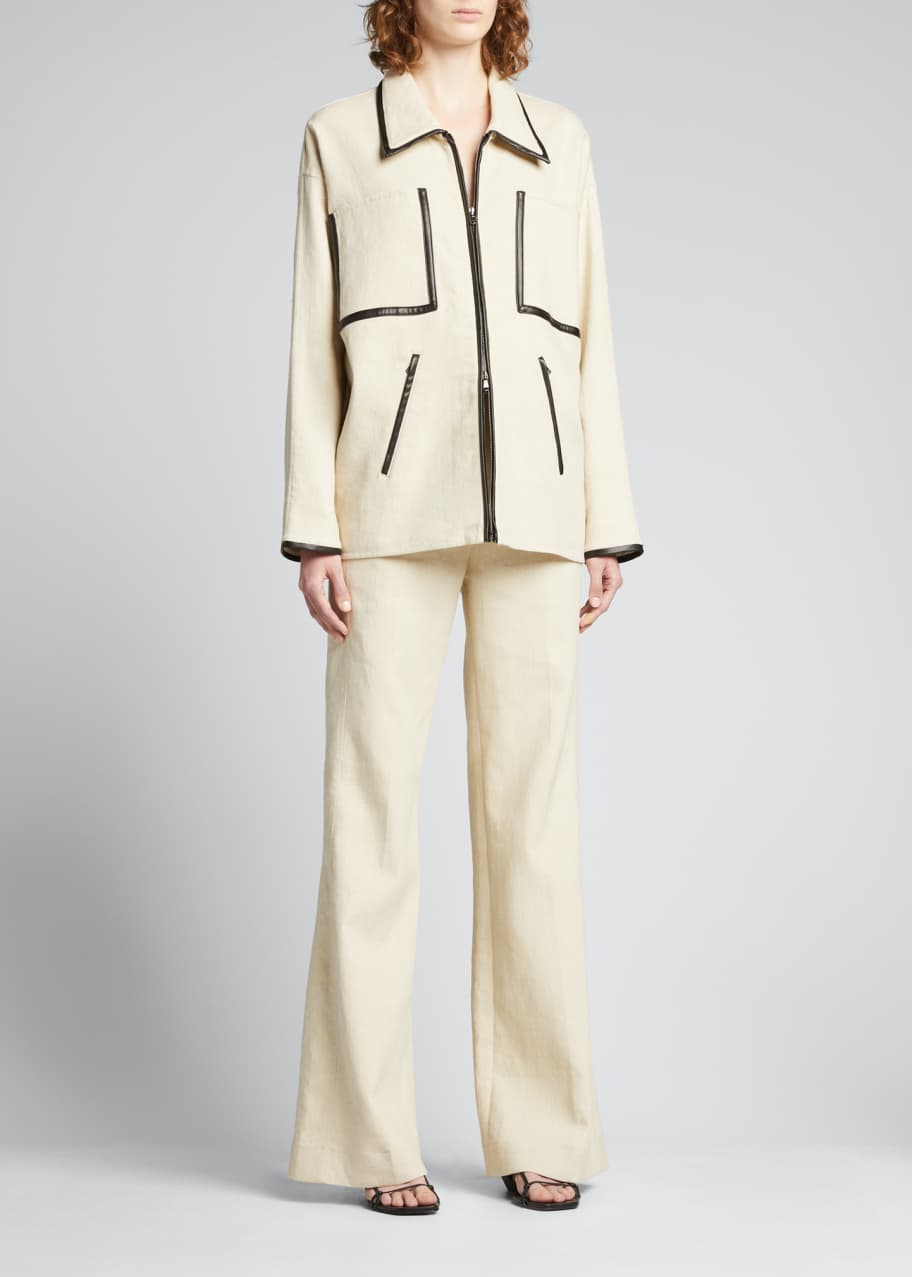 Co Linen Zip-Front Jacket w/ Faux Leather Trim - Bergdorf Goodman