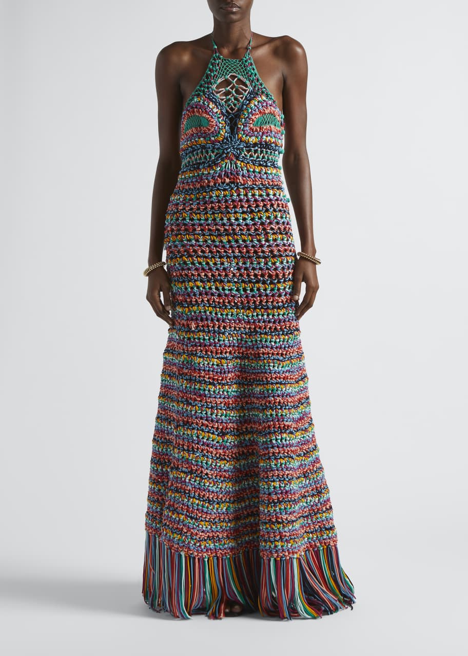 Etro Striped Crochet Fringe Halter Gown - Bergdorf Goodman