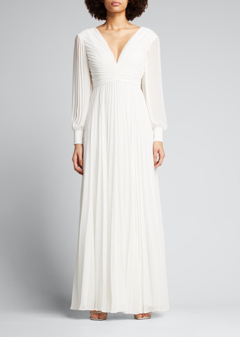 Badgley Mischka V Neck Long Sleeve Pleated Gown Bergdorf Goodman 2891