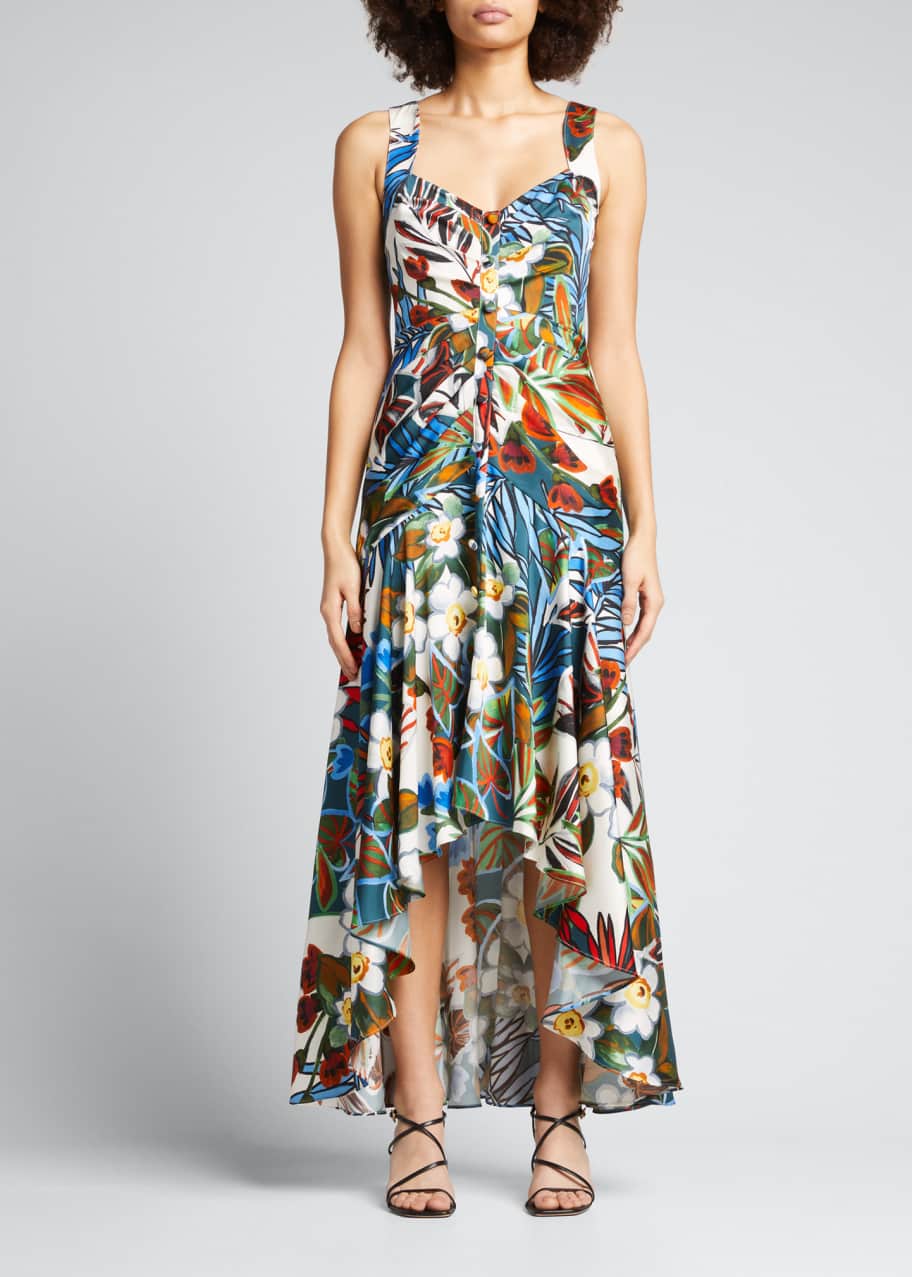 Badgley Mischka Collection Tropical-Print Sleeveless High-Low Dress ...