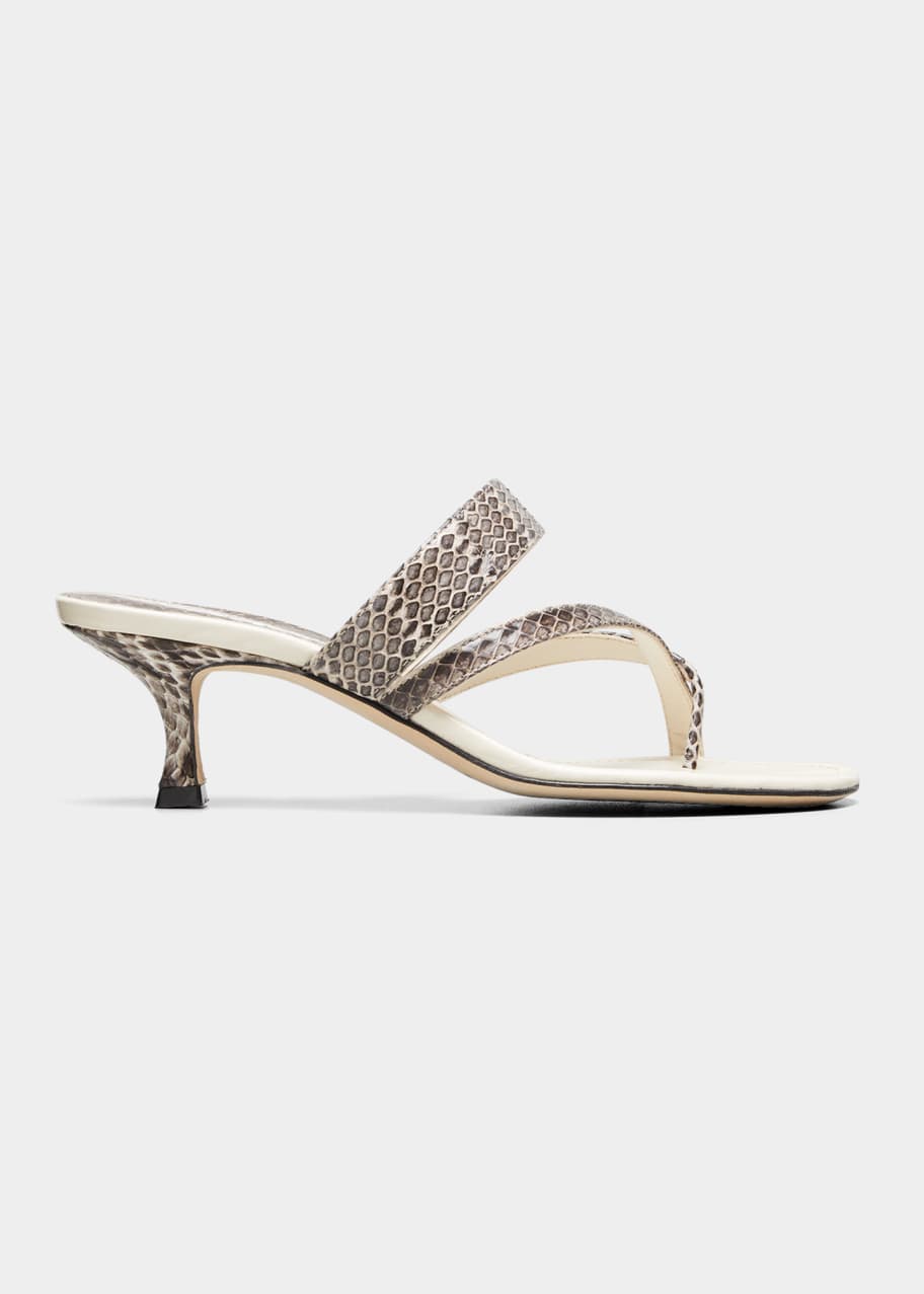 Manolo Blahnik Susa Snakeskin Thong Kitten-Heel Sandals Bergdorf
