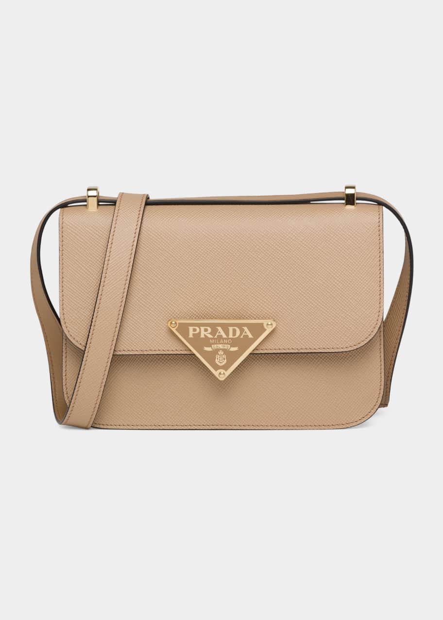 Prada, Bags, Prada Triangle Logo Plaque Flap Crossbody Bag Leather And  Raffia Brown Neutral