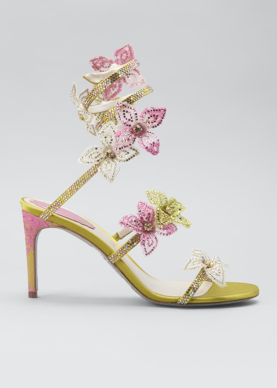 Rene Caovilla 80mm Floral Snake-Wrap Stiletto Sandals - Bergdorf