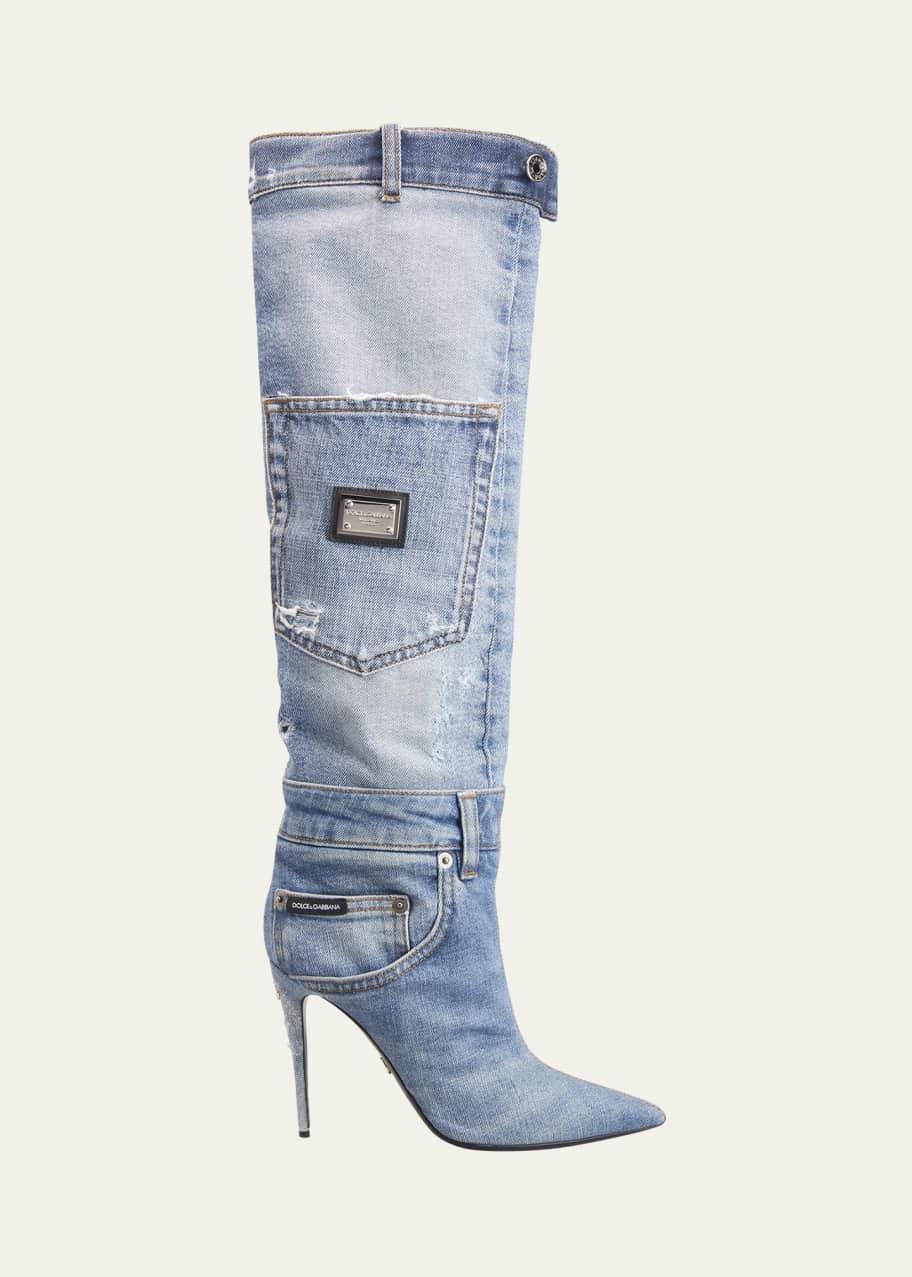 Dolce&Gabbana Blue Jean Denim Patchwork Stiletto Boots - Bergdorf